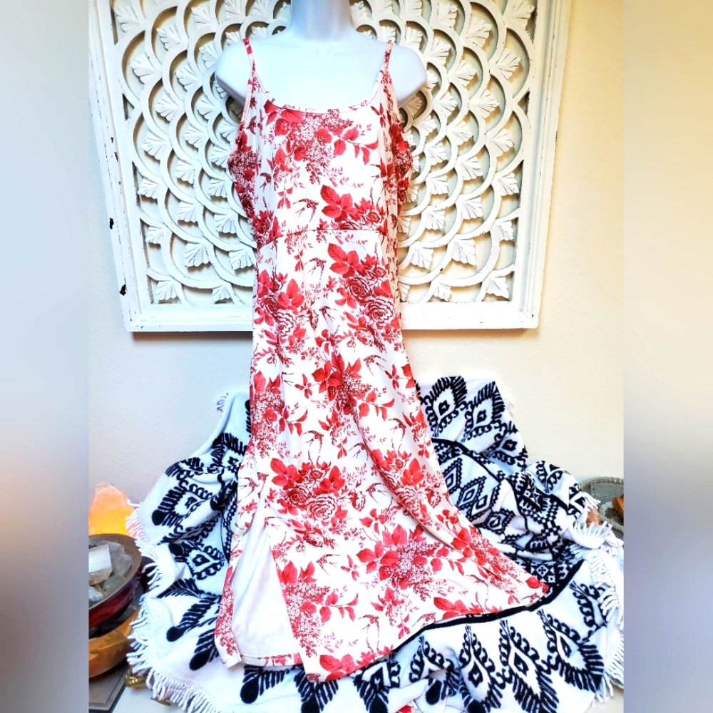 Red Floral Midi Dress with Spaghetti Straps